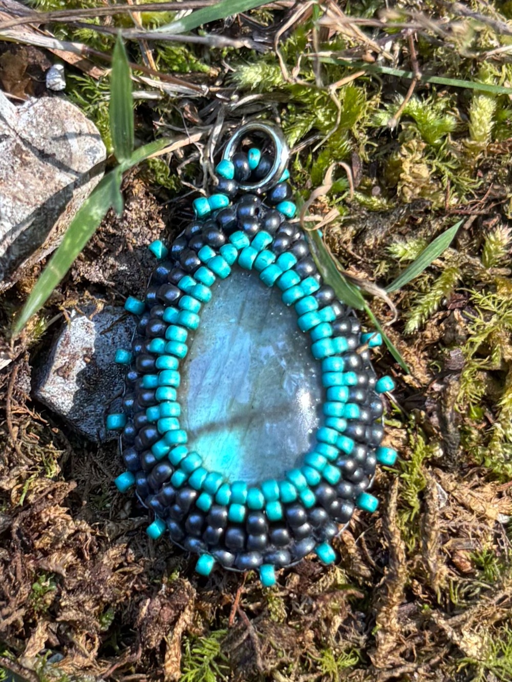 Handmade Blue Flash Labradorite Teardrop Tiny Bead Embroidered Pendant